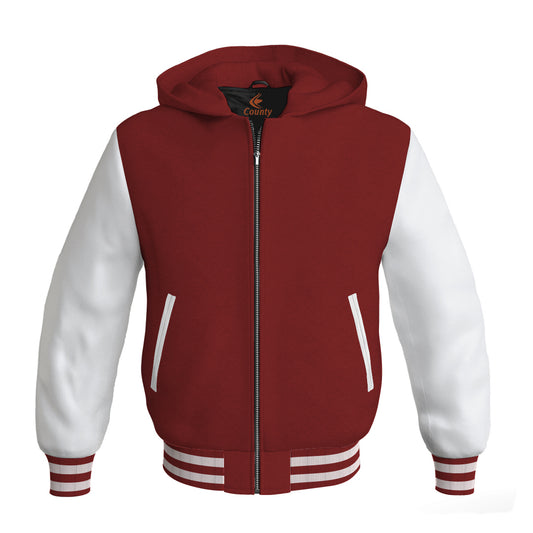 Letterman Bomber Hoodie Jacket Maroon Body White Leather Sleeves