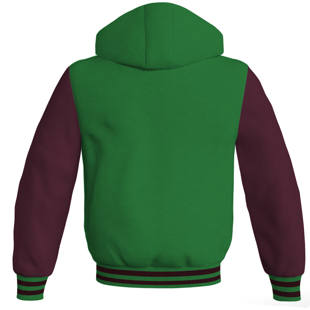 Letterman Bomber Hoodie Jacket Green Body Maroon Leather 