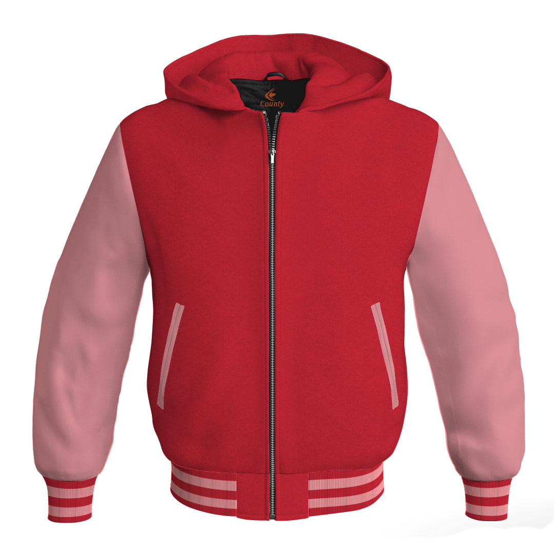 Letterman Bomber Hoodie Jacket Red Body Pink Leather Sleeves