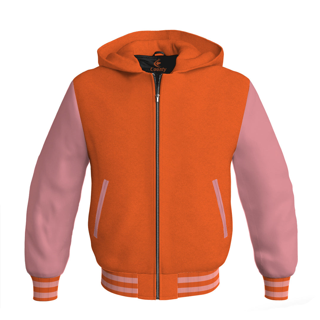 Letterman Bomber Hoodie Jacket Orange Body Pink Leather Sleeves