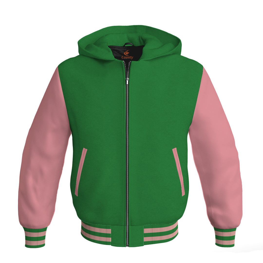 Letterman Bomber Hoodie Jacket Green Body Pink Leather Sleeves