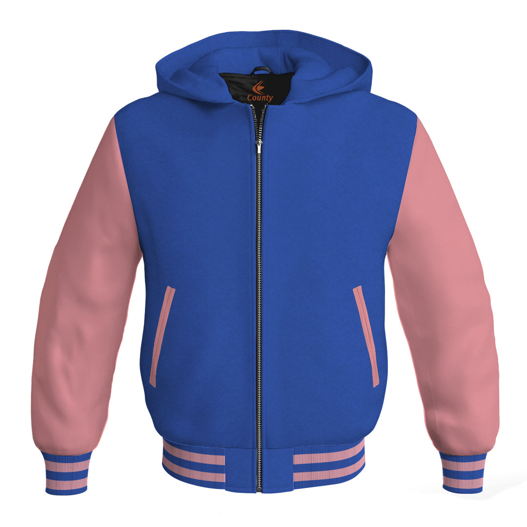 Letterman Bomber Hoodie Jacket Royal Blue Body Pink Leather Sleeves