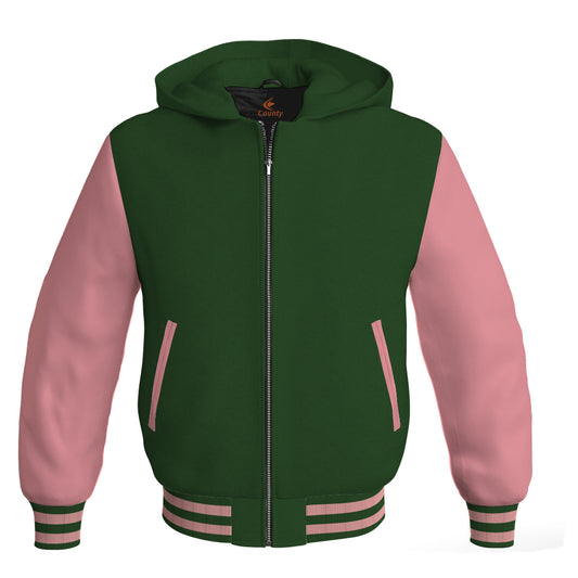 Letterman Bomber Hoodie Jacket Forest Green Body Pink Leather Sleeves