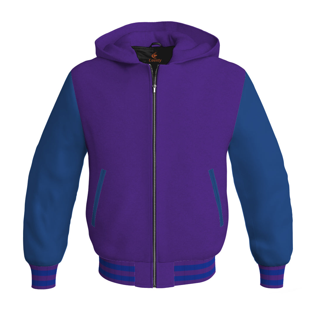 Letterman Bomber Hoodie Jacket Purple Body Blue Leather Sleeves