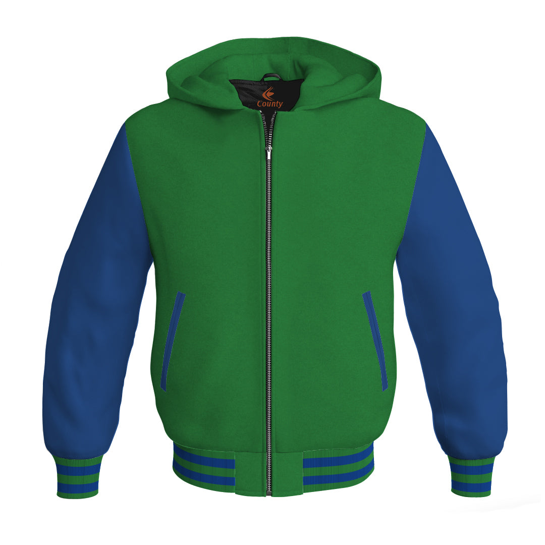 Letterman Bomber Hoodie Jacket Green Body Blue Leather Sleeves