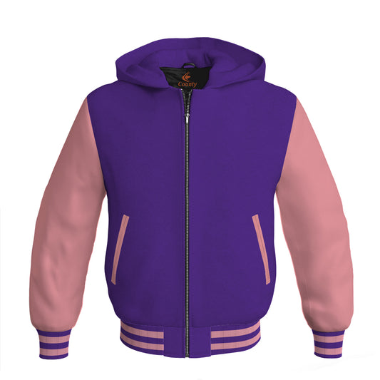 Letterman Bomber Hoodie Jacket Purple Body Pink Leather Sleeves