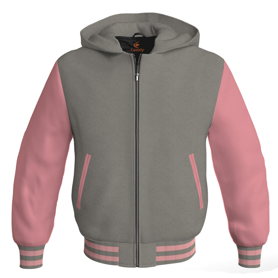 Letterman Bomber Hoodie Jacket Gray Body Pink Leather Sleeves