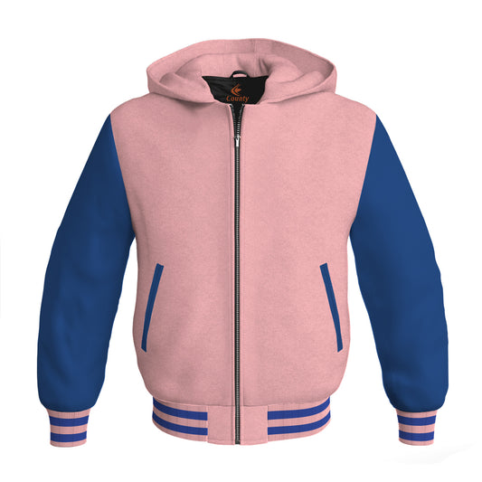 Letterman Bomber Hoodie Jacket Pink Body Blue Leather Sleeves