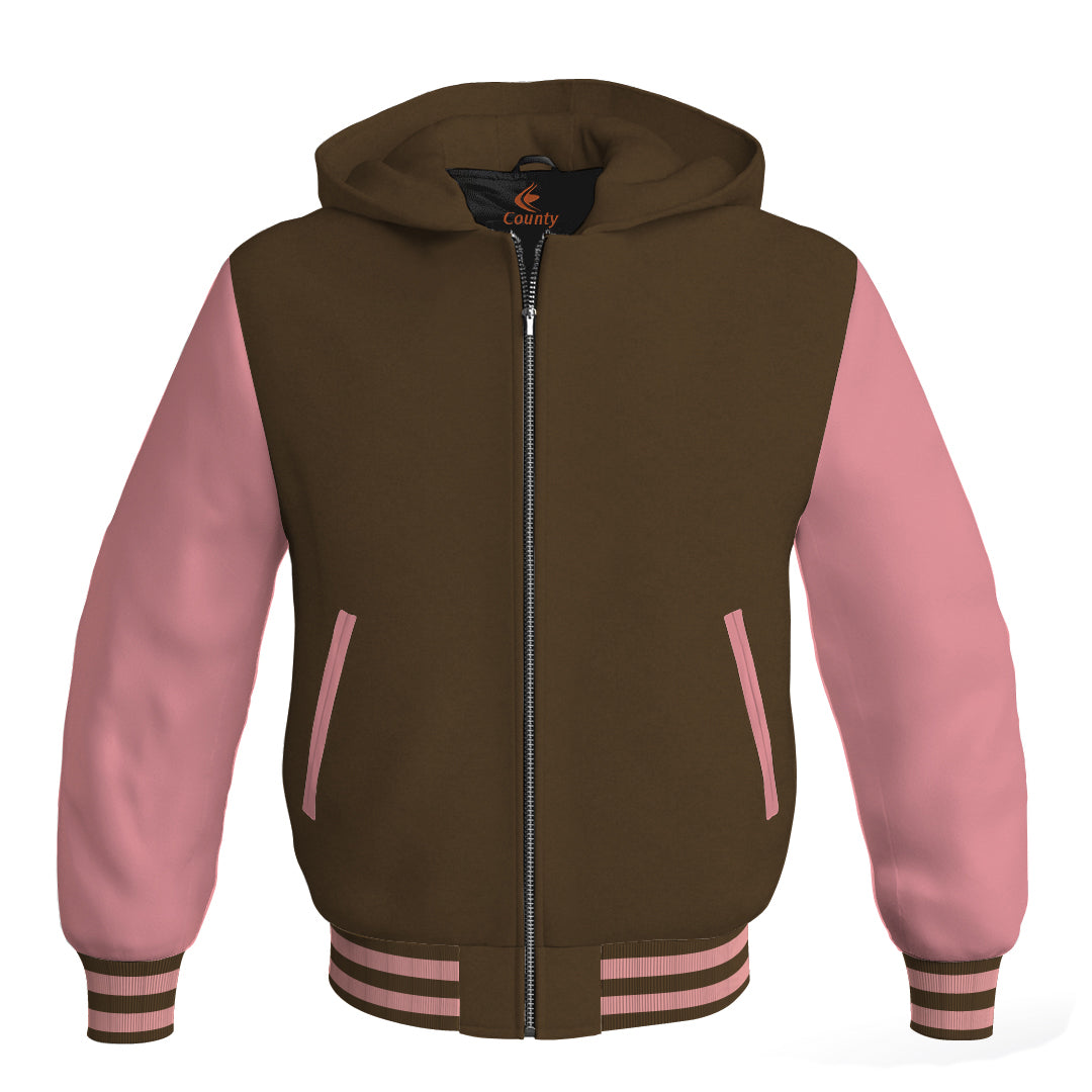 Letterman Bomber Hoodie Jacket Brown Body Pink Leather Sleeves