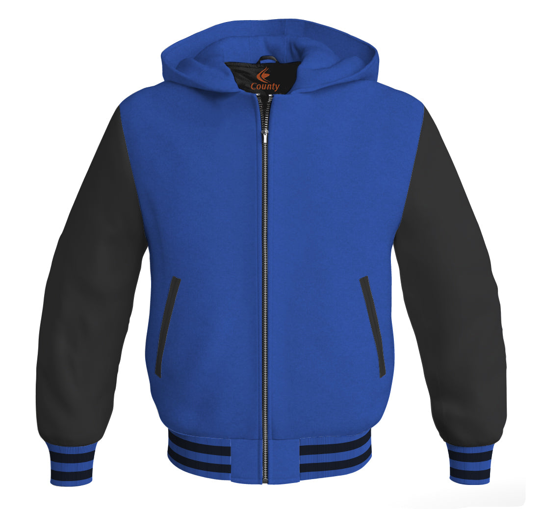 Letterman Bomber Hoodie Jacket Royal Blue Body Black Leather Sleeves