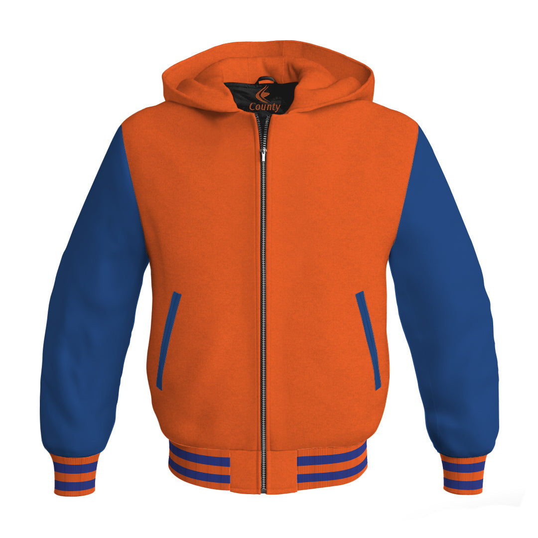 Letterman Bomber Hoodie Jacket Orange Body Blue Leather Sleeves