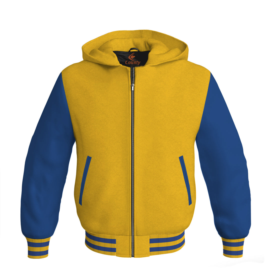 Letterman Bomber Hoodie Jacket Yellow/Gold Body Blue Leather Sleeves