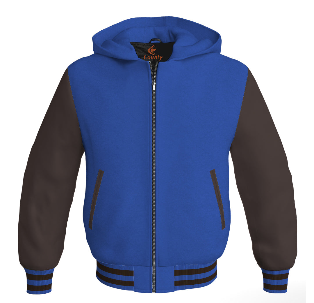 Letterman Bomber Hoodie Jacket Royal blue Body Brown Leather Sleeves