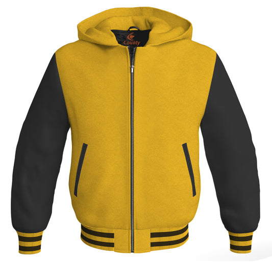 Letterman Bomber Hoodie Jacket Yellow/Gold Body Black Leather Sleeves