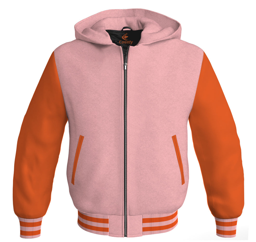 Letterman Bomber Hoodie Jacket Pink Body Orange Leather Sleeves