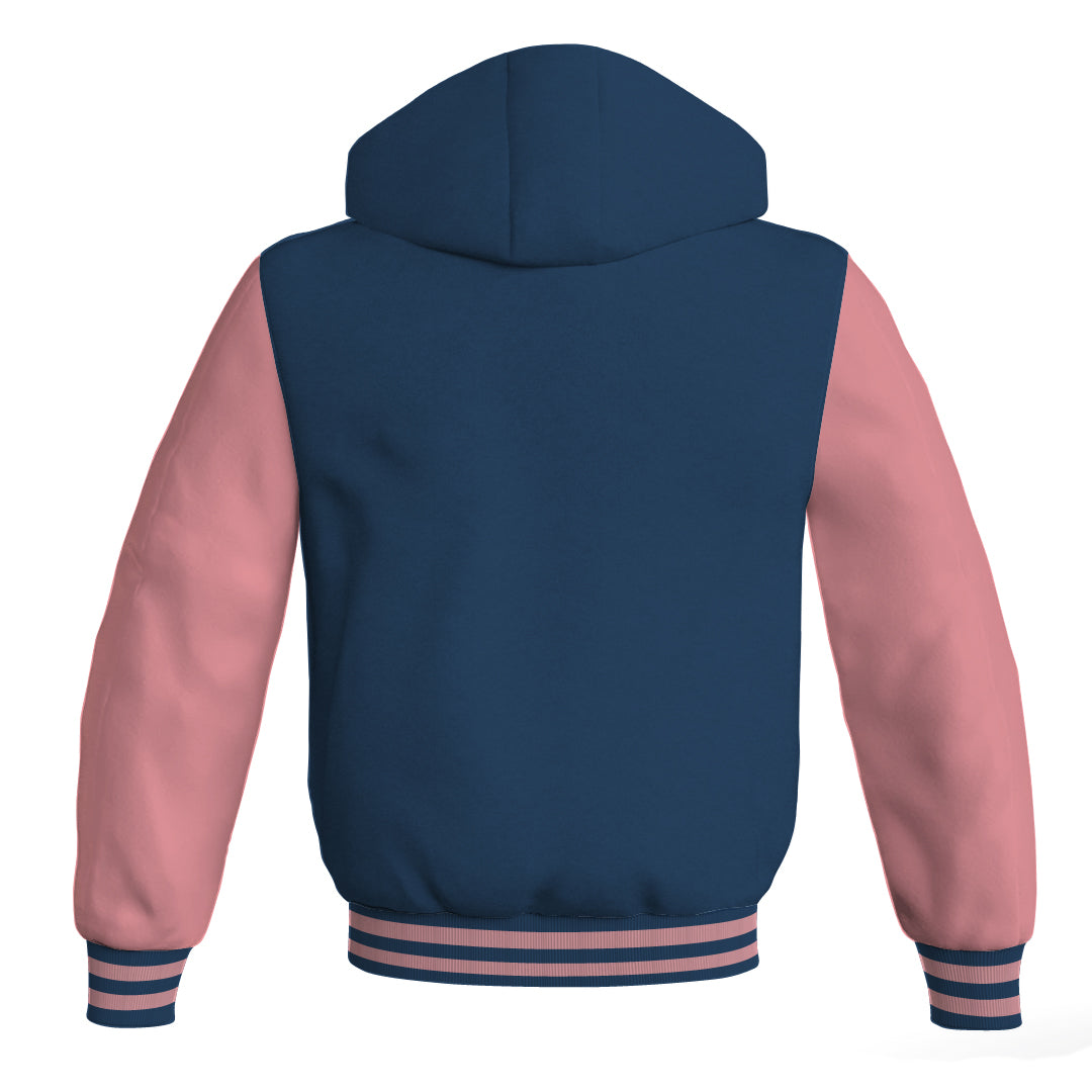 Letterman Bomber Hoodie Jacket Navy Blue Body Pink Leather Sleeves