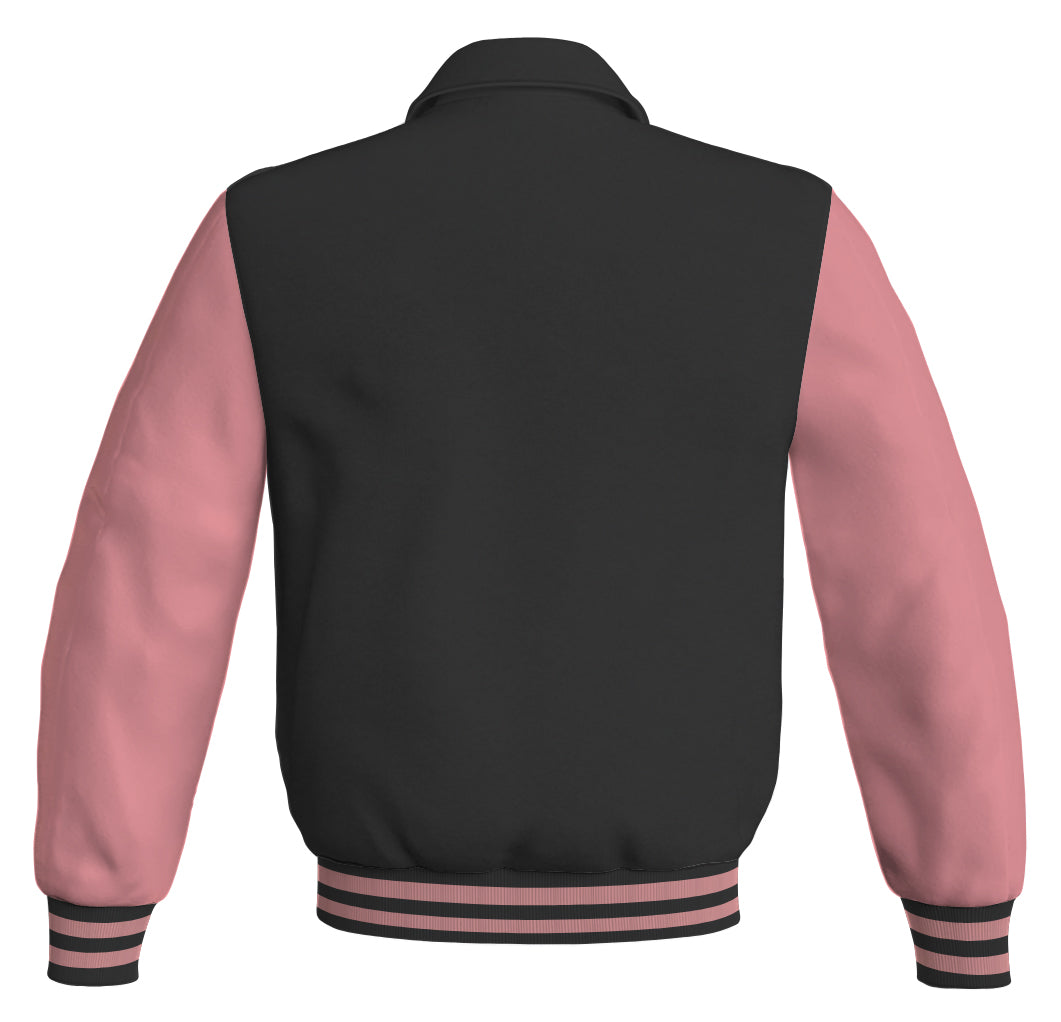 Classic black bomber jacket with stylish pink leather sleeves.