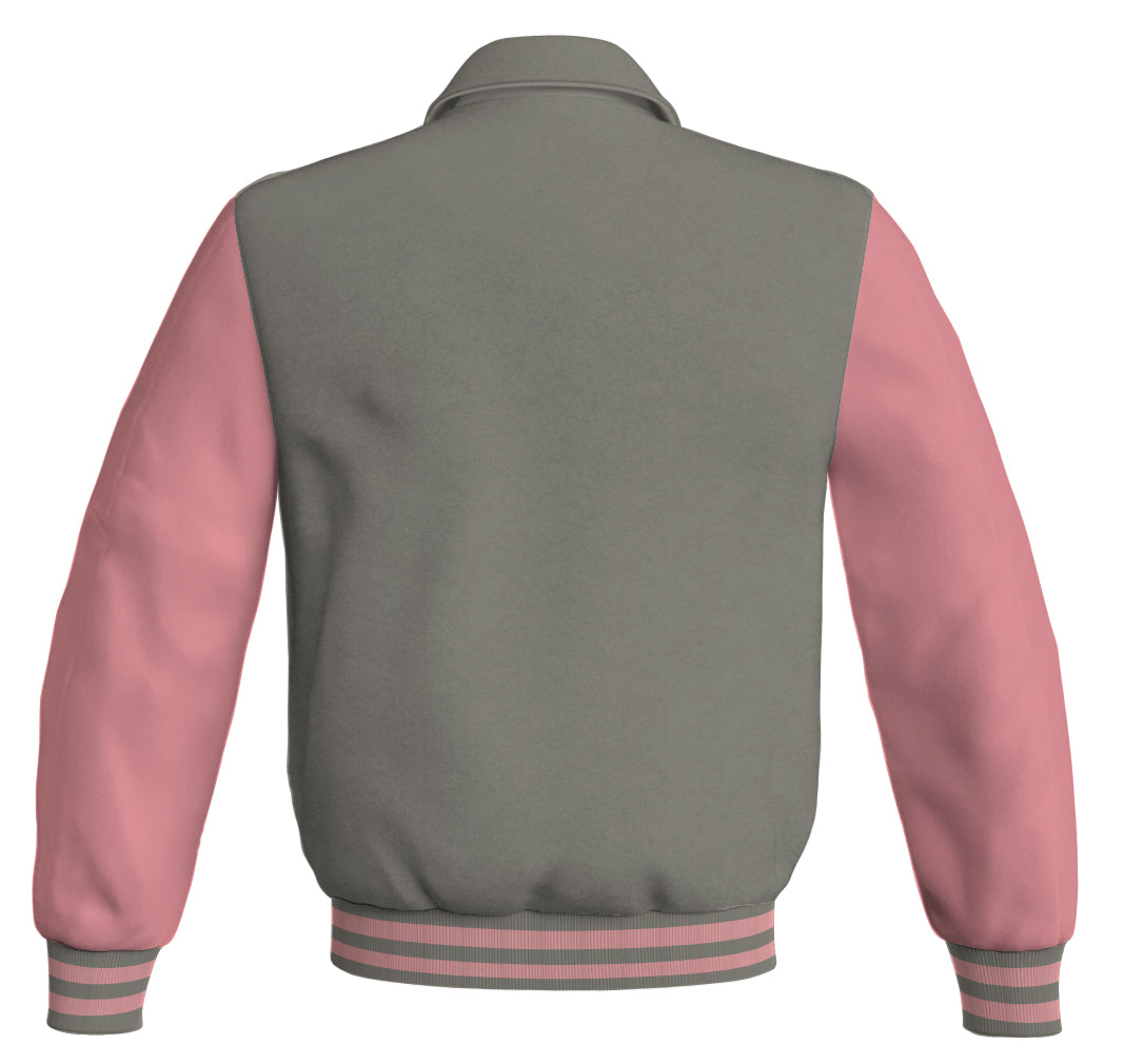 Bomber jacket with gray body and pink leather sleeves.