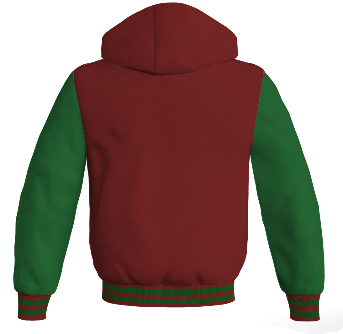 Letterman Bomber Hoodie Jacket Maroon Body Green Leather 