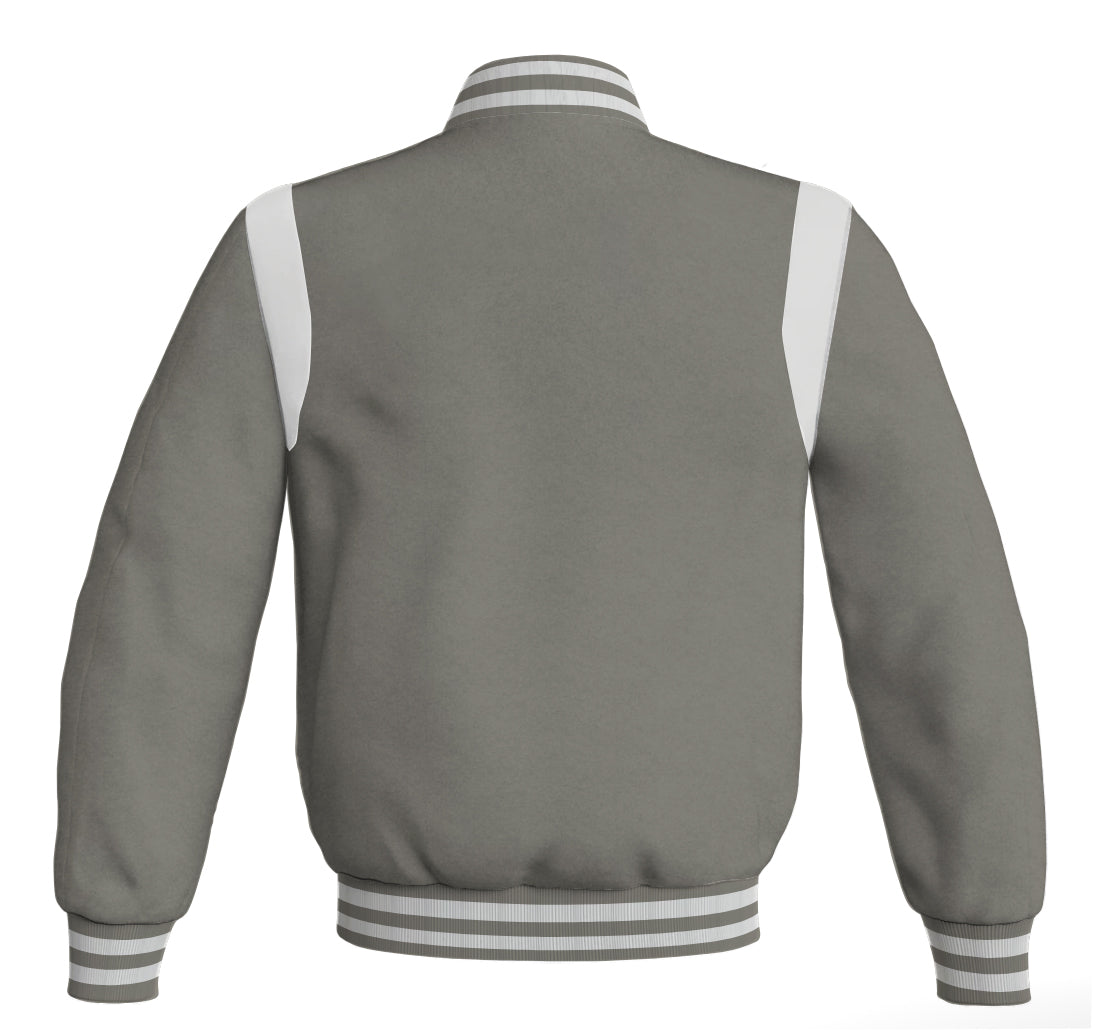 Letterman Baseball Bomber Jacket: Gray body with white leather inserts. Retro style.