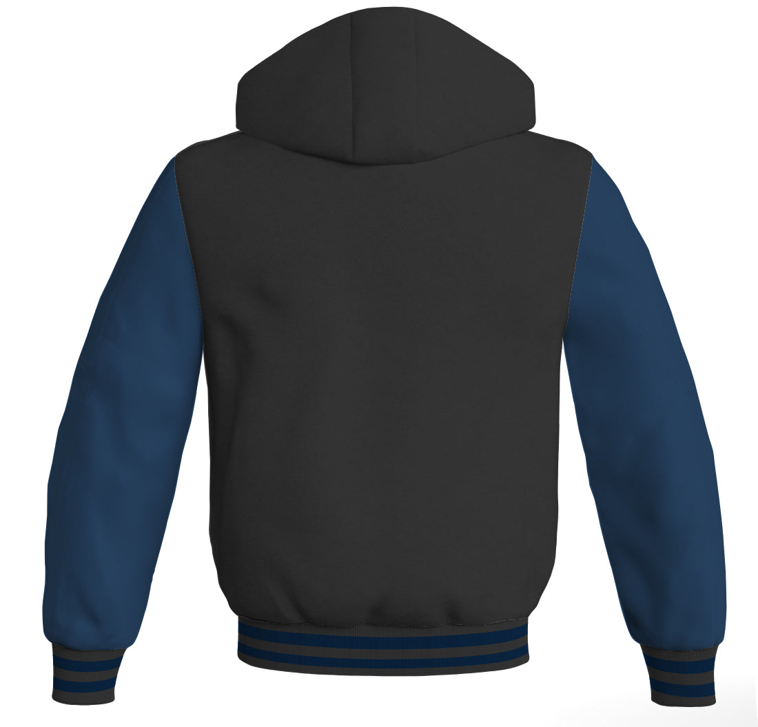 Hoodies For Men Black Body and Navy Blue Leather Sleeves Varsity Hoodie