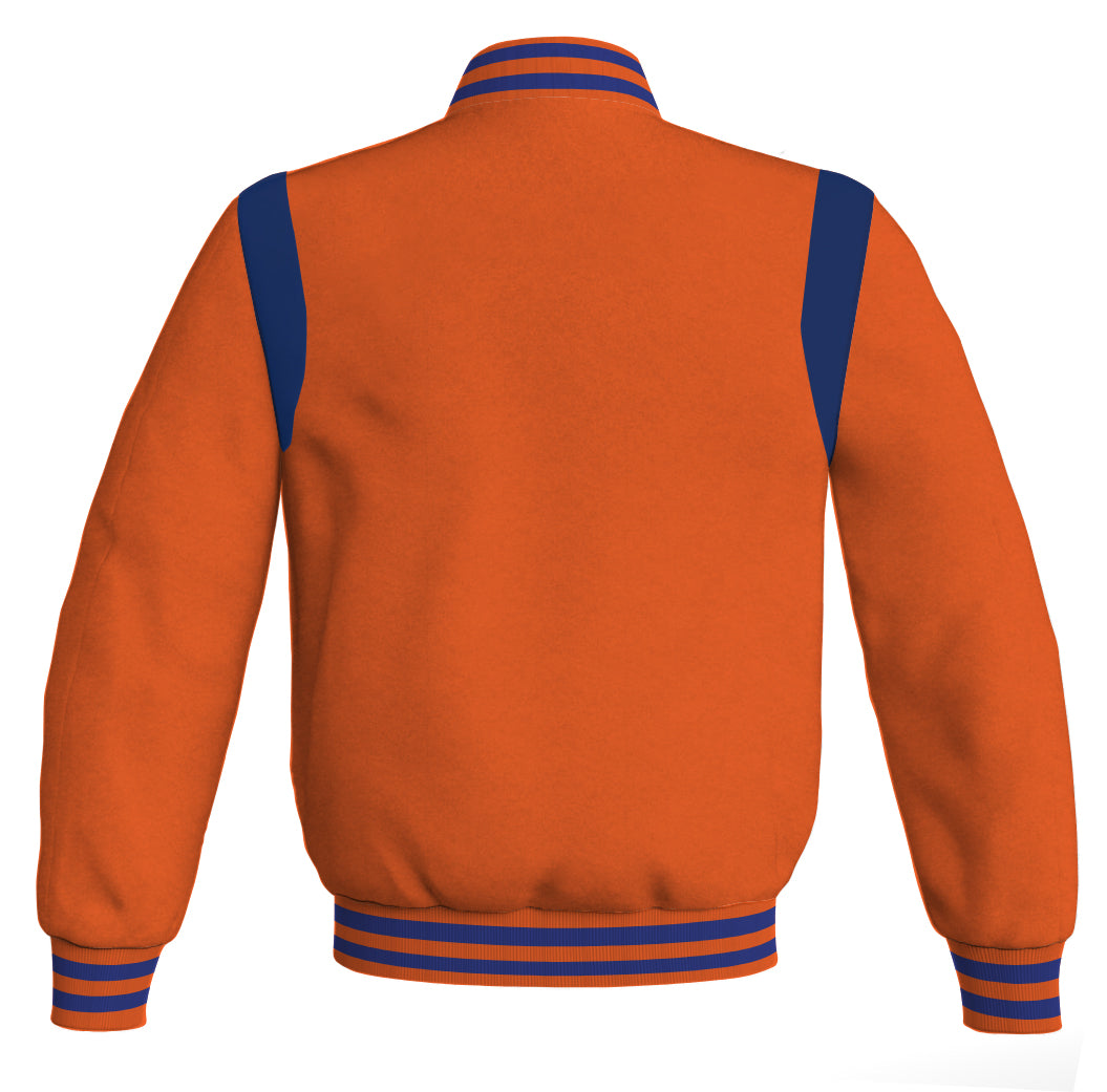 Letterman Baseball Bomber Retro Jacket: Orange body with blue leather inserts.