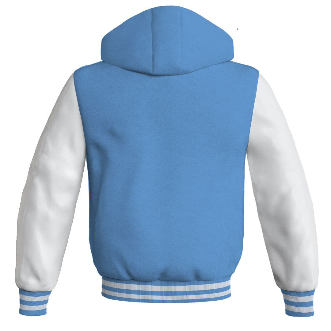 Letterman Bomber Hoodie Jacket Sky Blue Body White Leather 