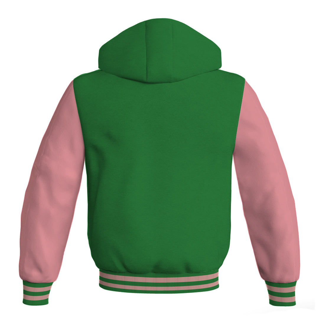 Letterman Bomber Hoodie Jacket Green Body Pink Leather 