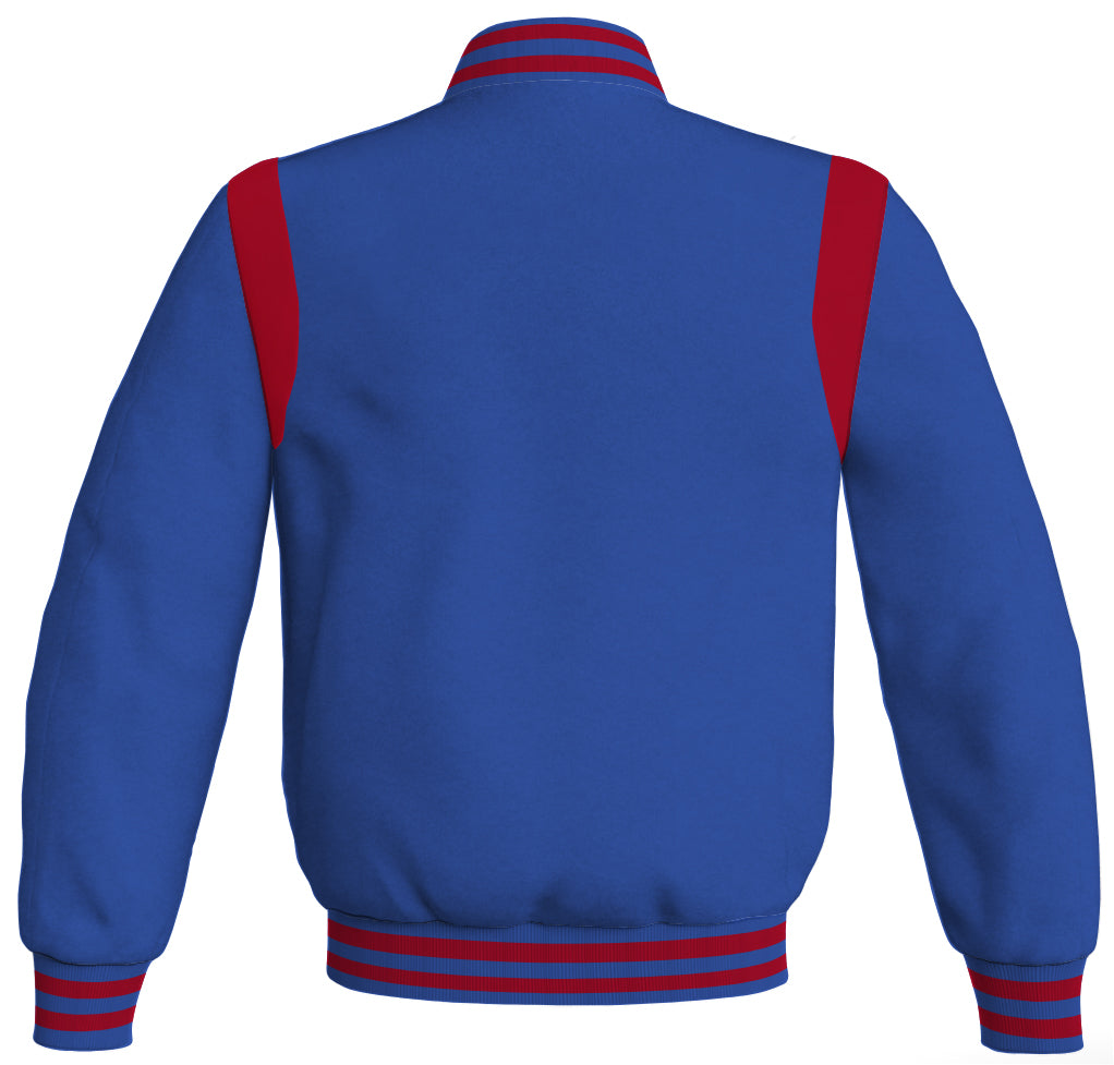 Letterman Baseball Bomber Jacket: Royal Blue Body with Red Leather Inserts. Retro style.