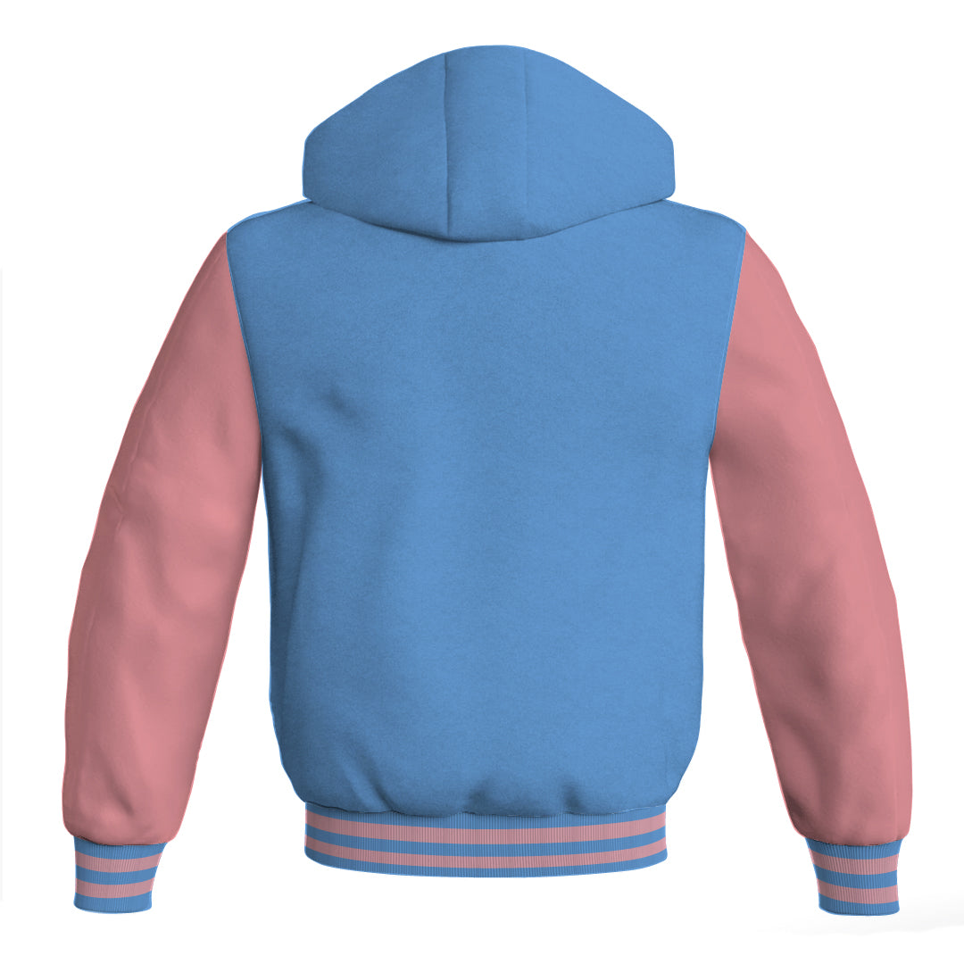 Letterman Bomber Hoodie Jacket Sky Blue Body Pink Leather 