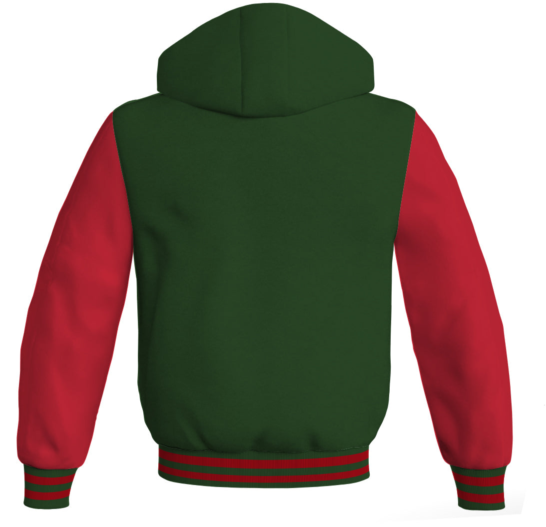 Letterman Bomber Hoodie Jacket Forest Green Body Red Leather 