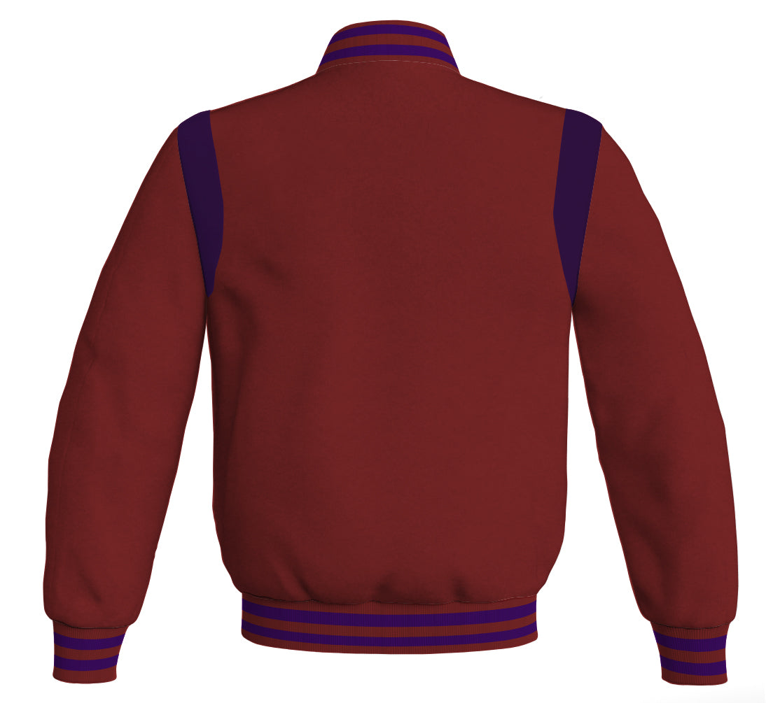 Retro maroon Letterman baseball bomber jacket with purple leather inserts.