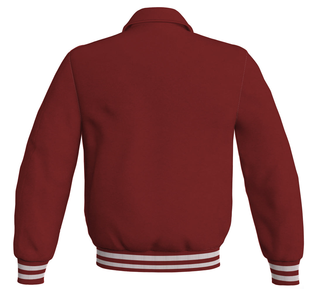 Baseball letterman bomber jacket in maroon satin, a classic sports wear piece.