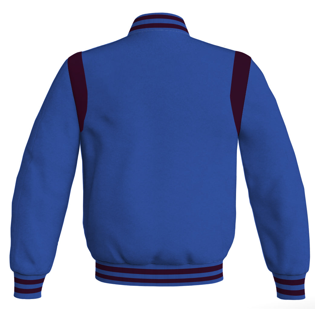 Letterman Baseball Bomber Jacket: Royal Blue Body with Maroon Leather Inserts. Retro style.