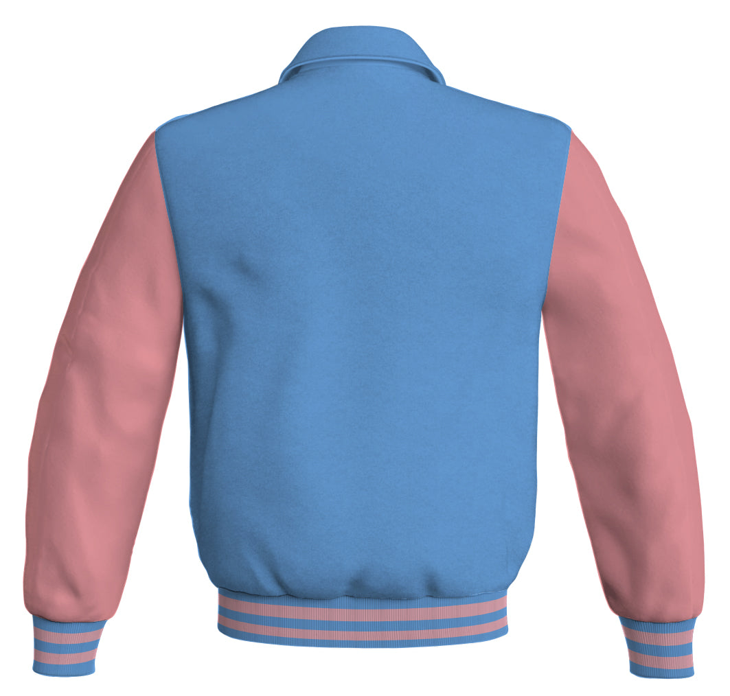 Sky blue bomber jacket featuring pink leather sleeves.