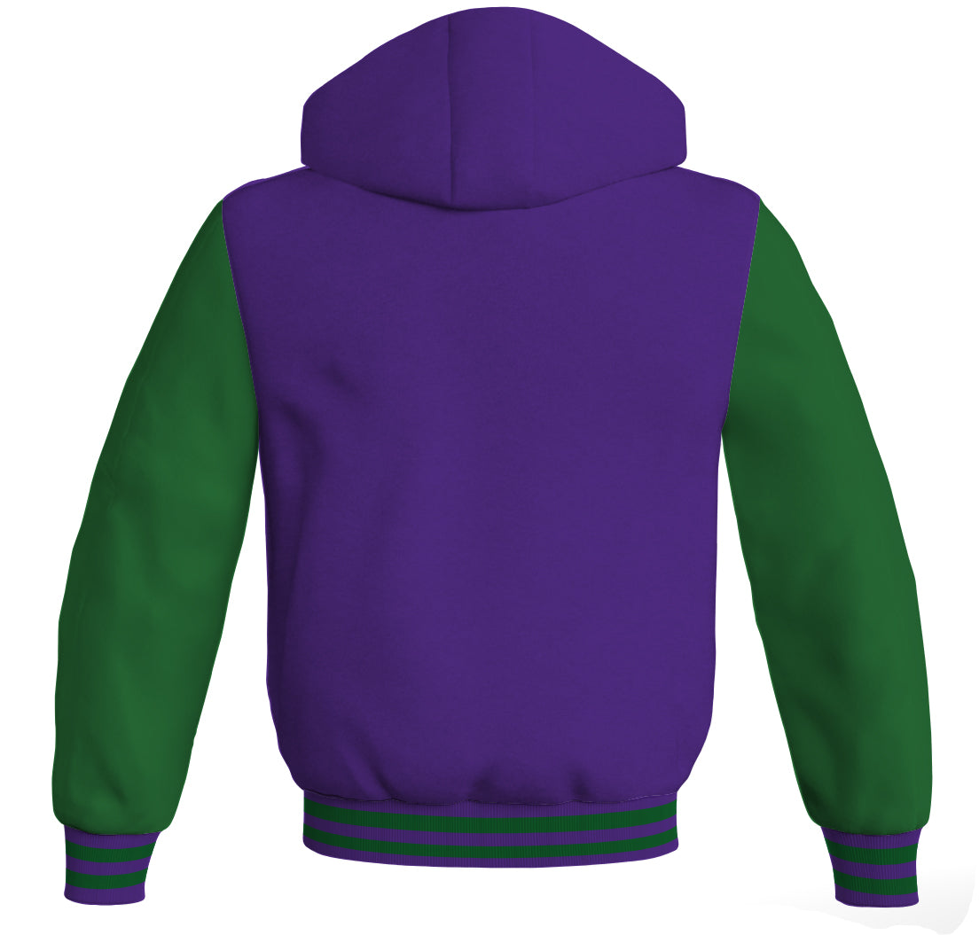 Letterman Bomber Hoodie Jacket Purple Body Green Leather 