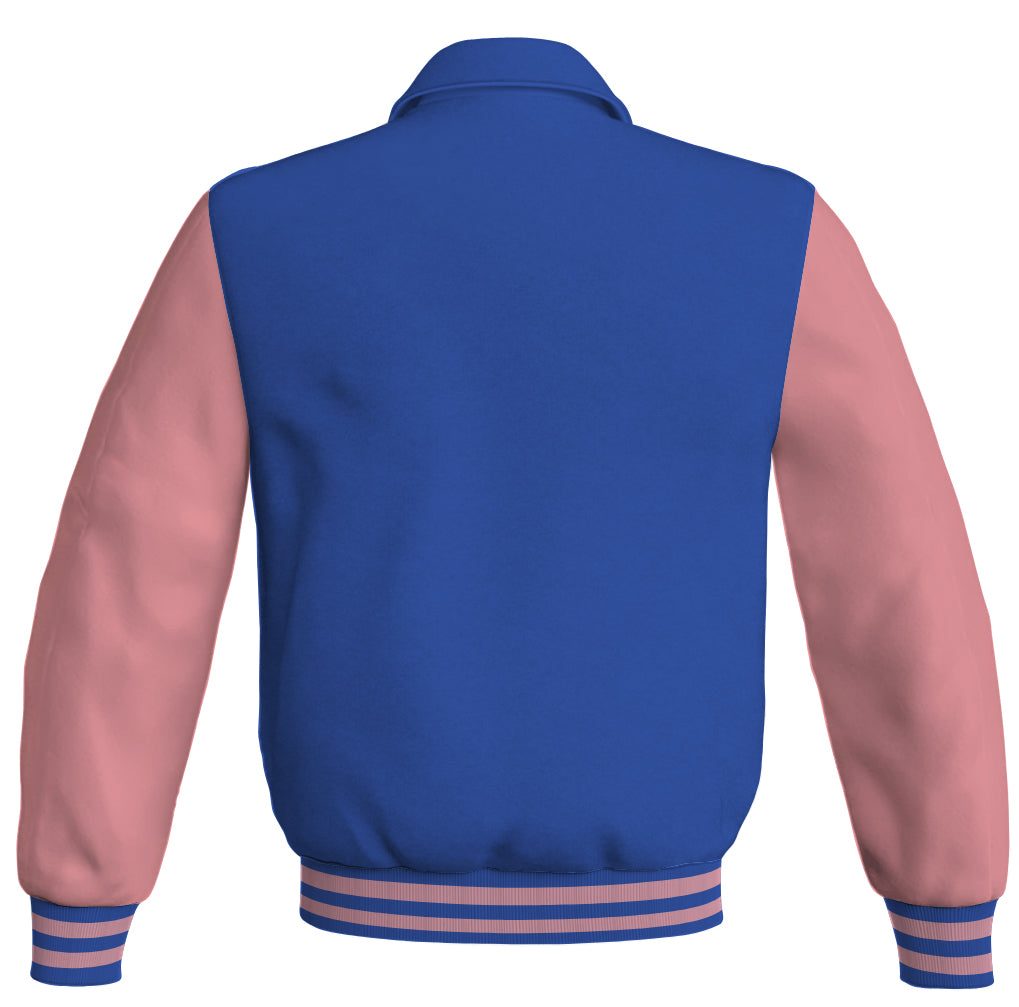 Bomber Classic Jacket: Royal blue body with pink leather sleeves. Stylish and trendy outerwear.