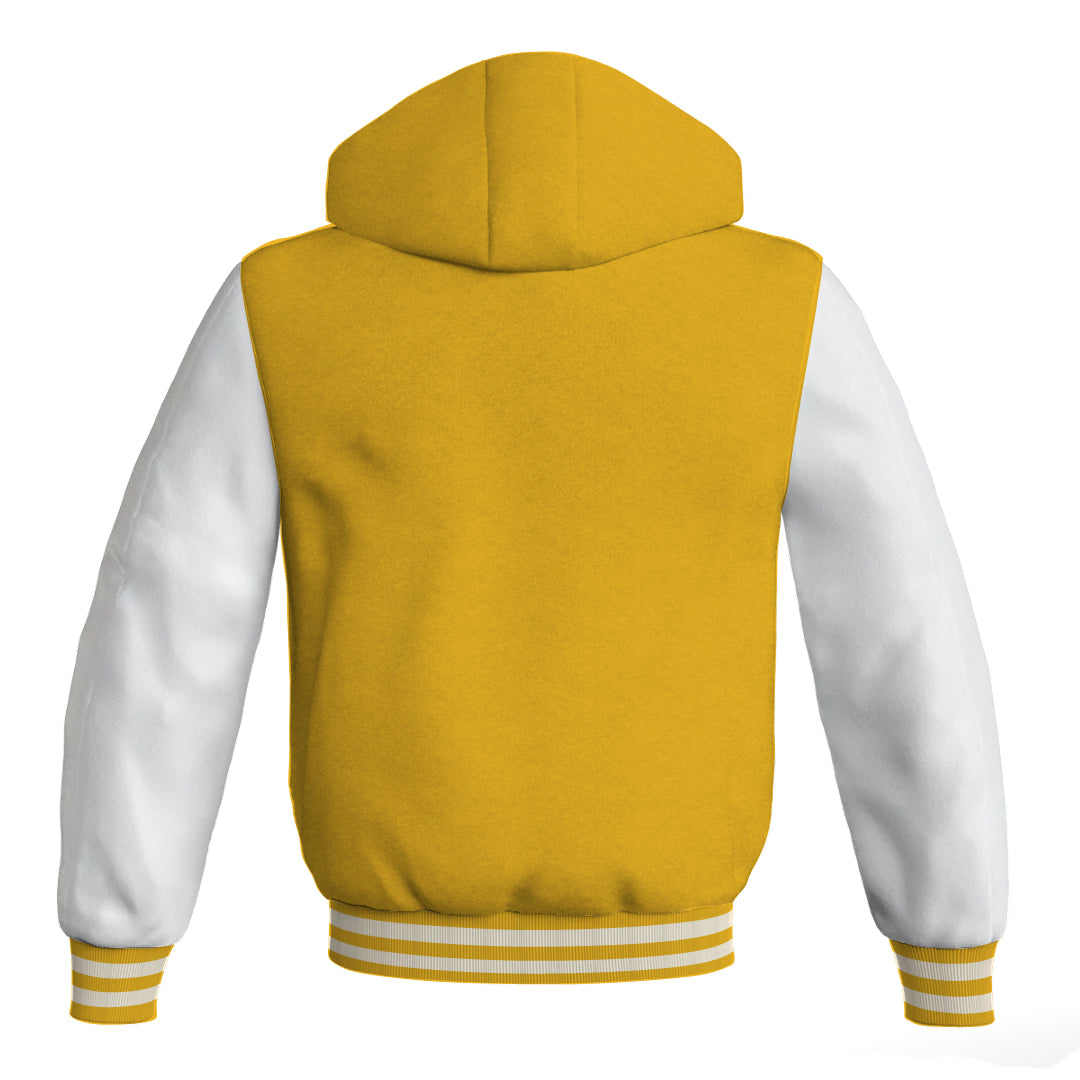 Letterman Bomber Hoodie Jacket Yellow/Gold Body White Leather 