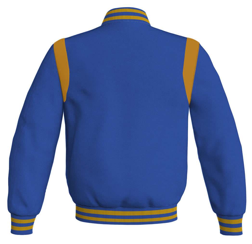 Retro royal blue Letterman baseball bomber jacket with golden leather inserts.