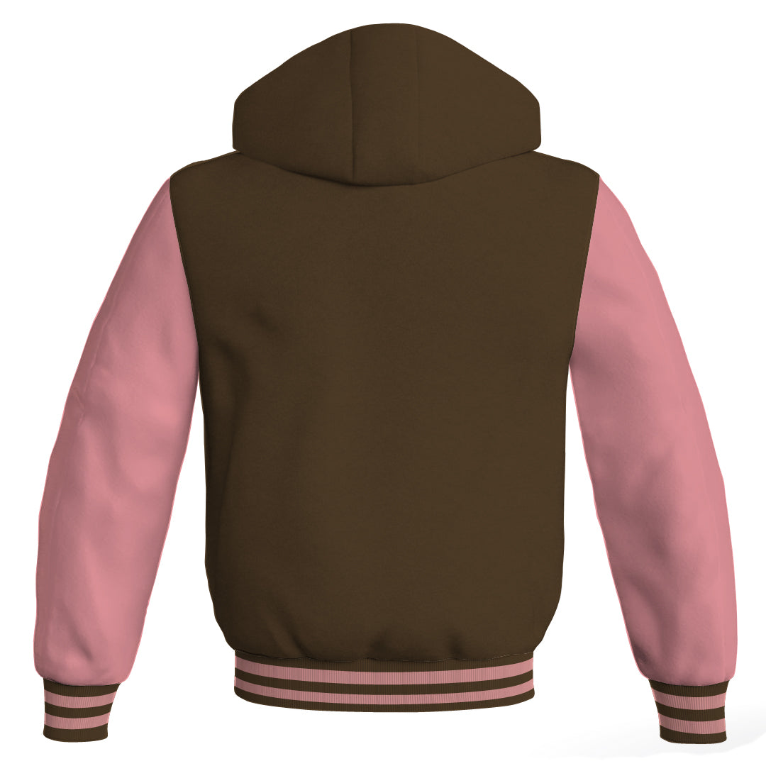 Letterman Bomber Hoodie Jacket Brown Body Pink Leather 