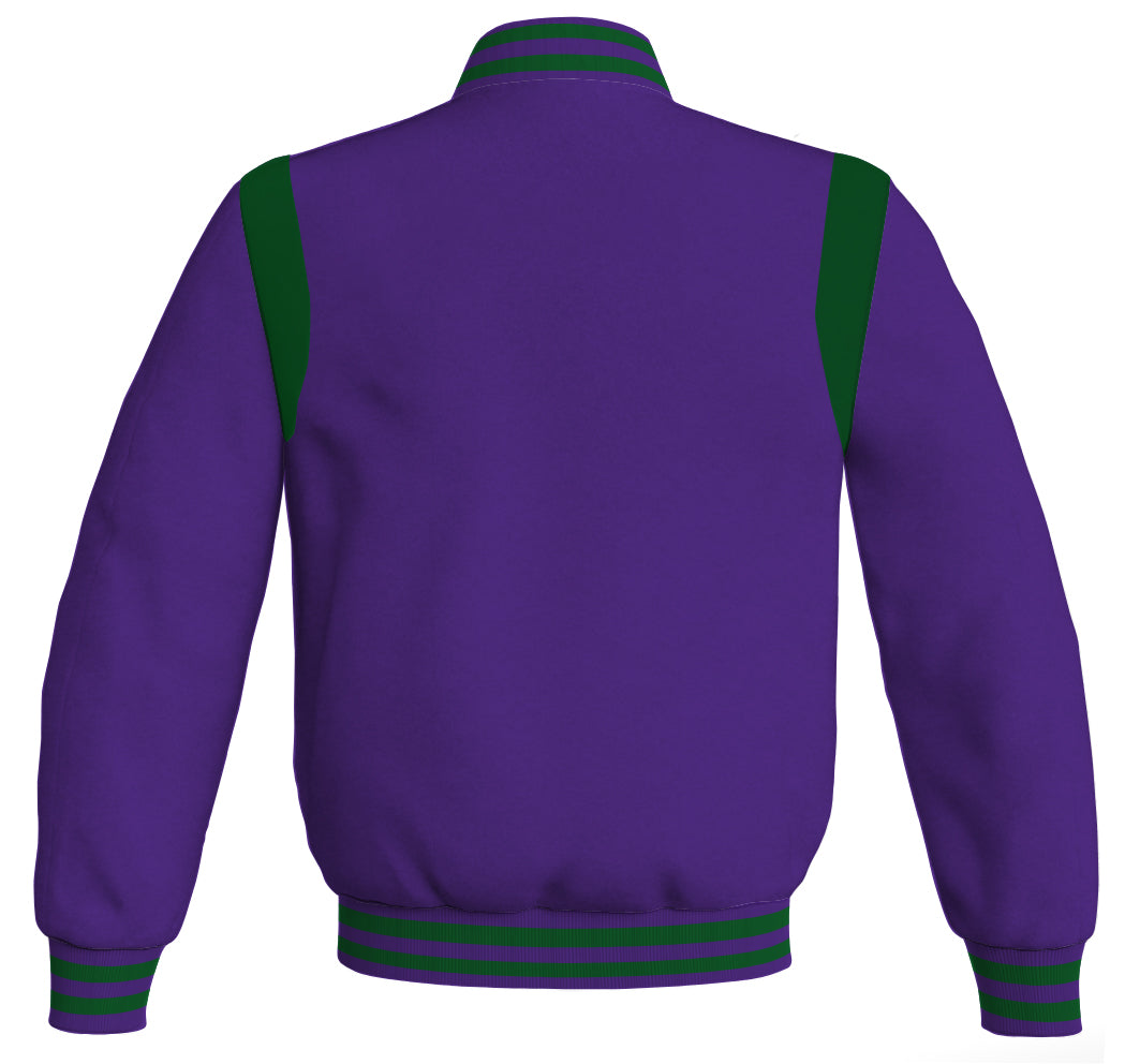 Letterman Baseball Bomber Jacket: Purple body with green leather inserts. Retro style.