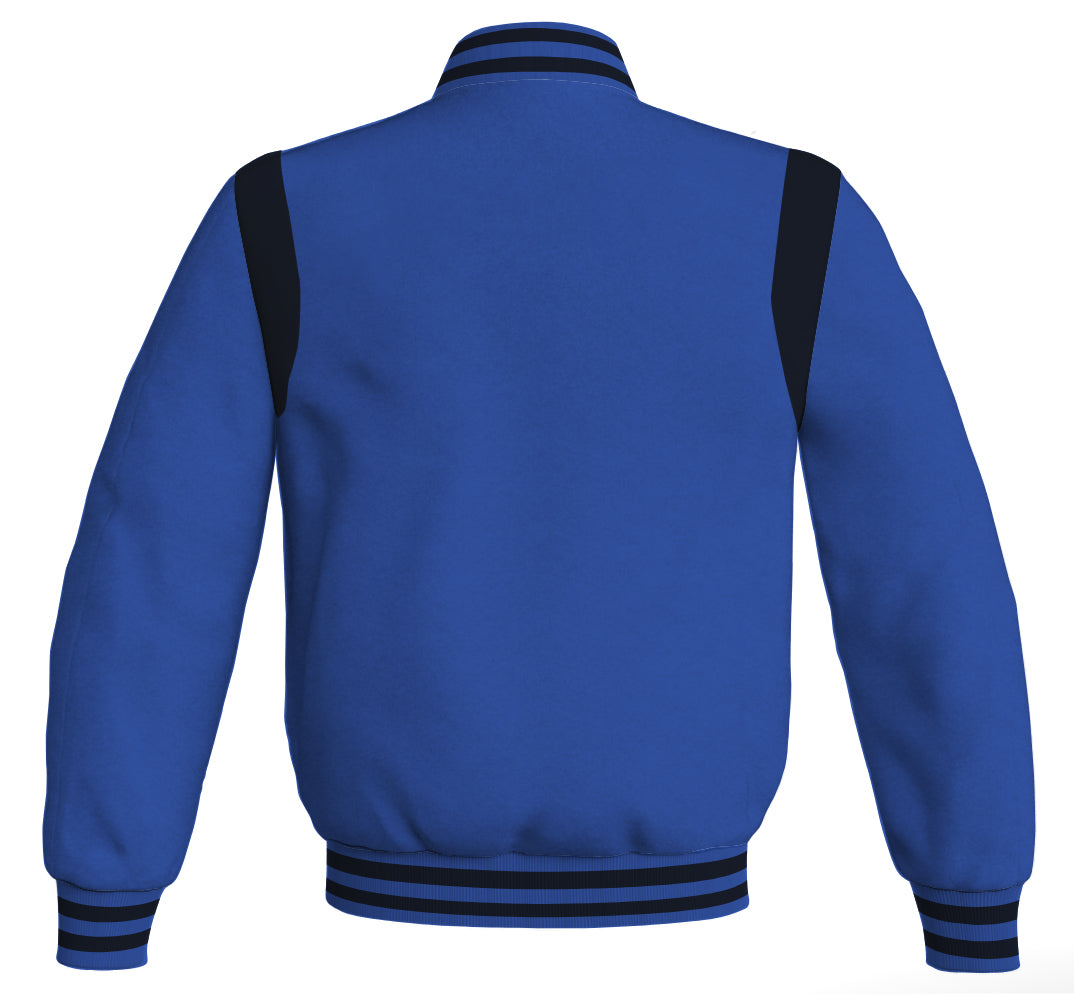 Retro royal blue Letterman baseball bomber jacket with black leather inserts.