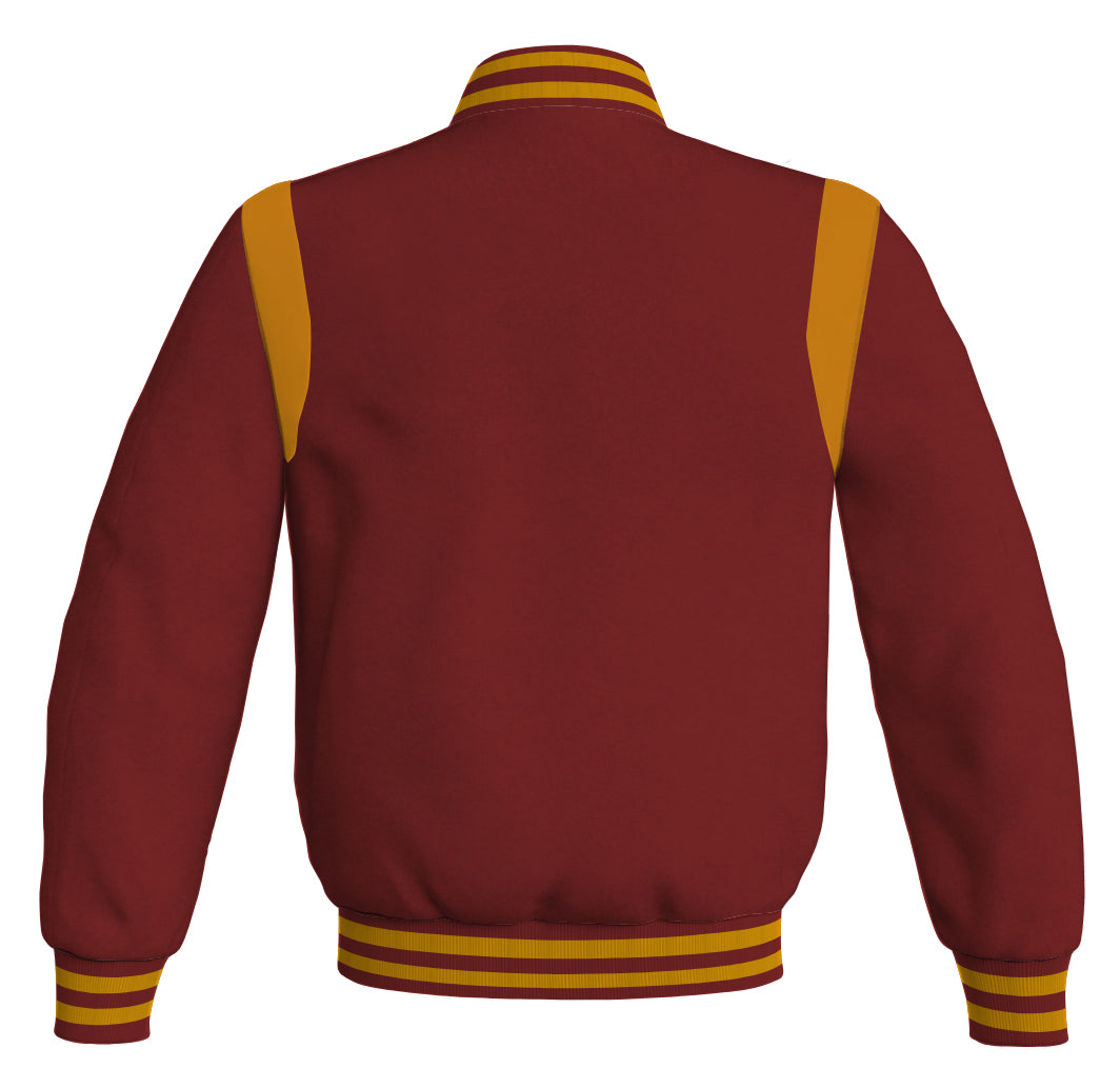 Letterman Baseball Bomber Jacket: Maroon body with golden leather inserts. Retro style.