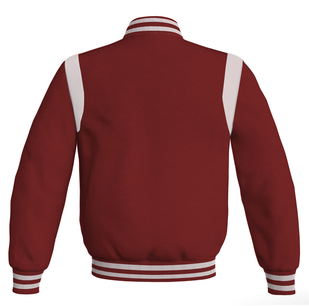 Retro style maroon bomber jacket with white leather accents.