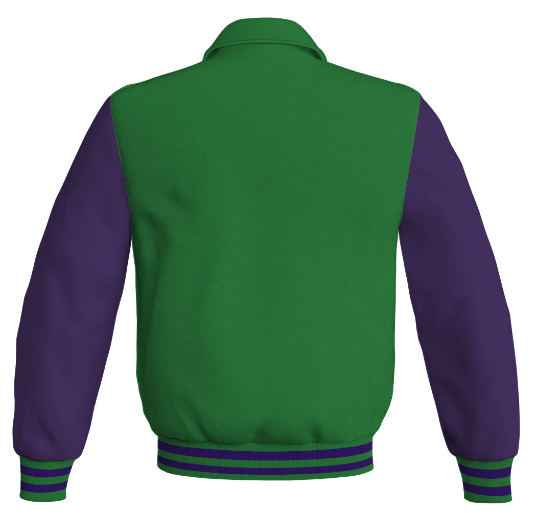 Green bomber jacket with purple leather sleeves.