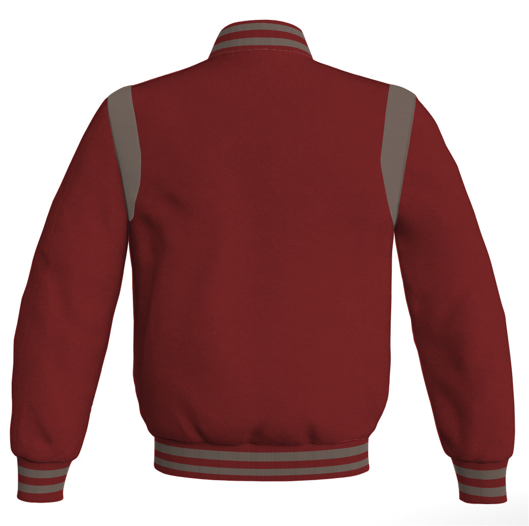 Letterman Baseball Bomber Jacket: Maroon body with gray leather inserts. Retro style.