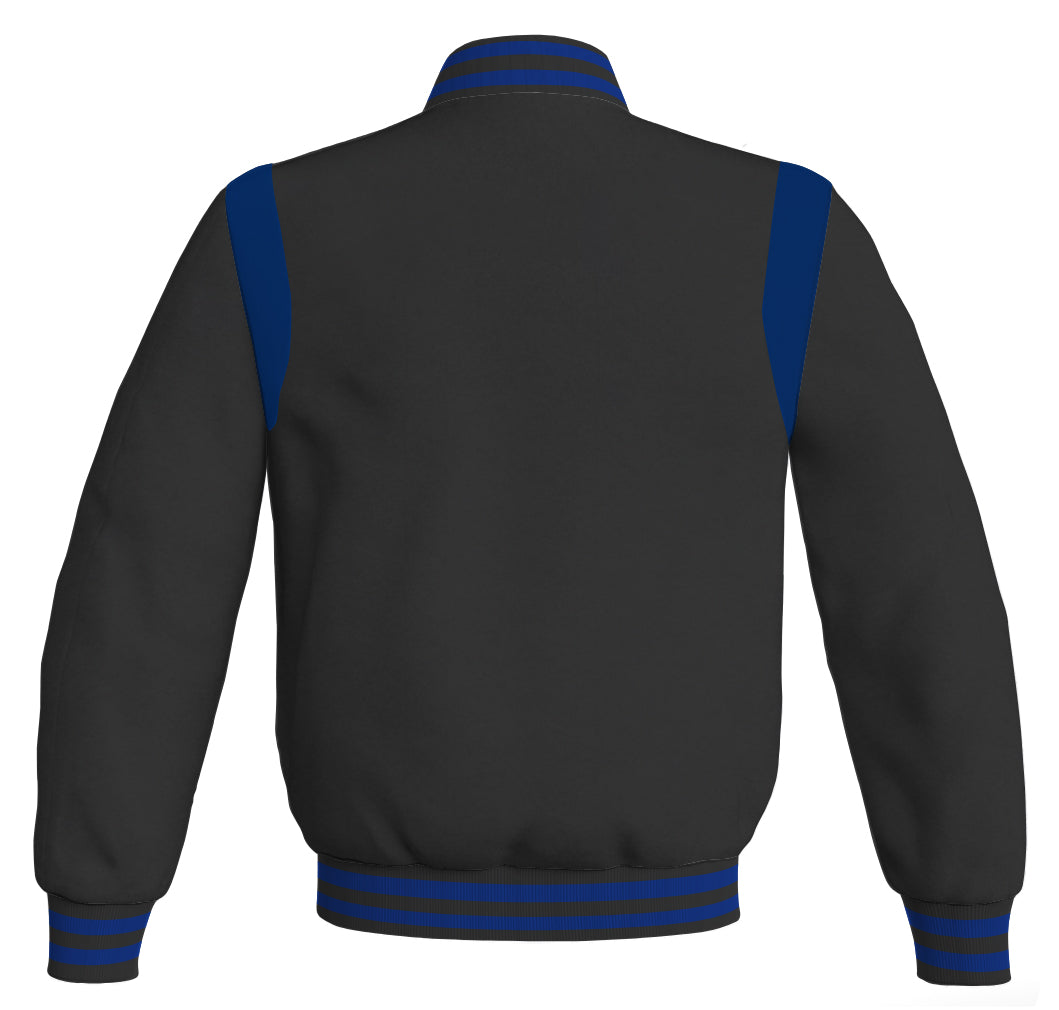 Letterman Baseball Bomber Jacket: Black body with blue leather inserts. Retro style.