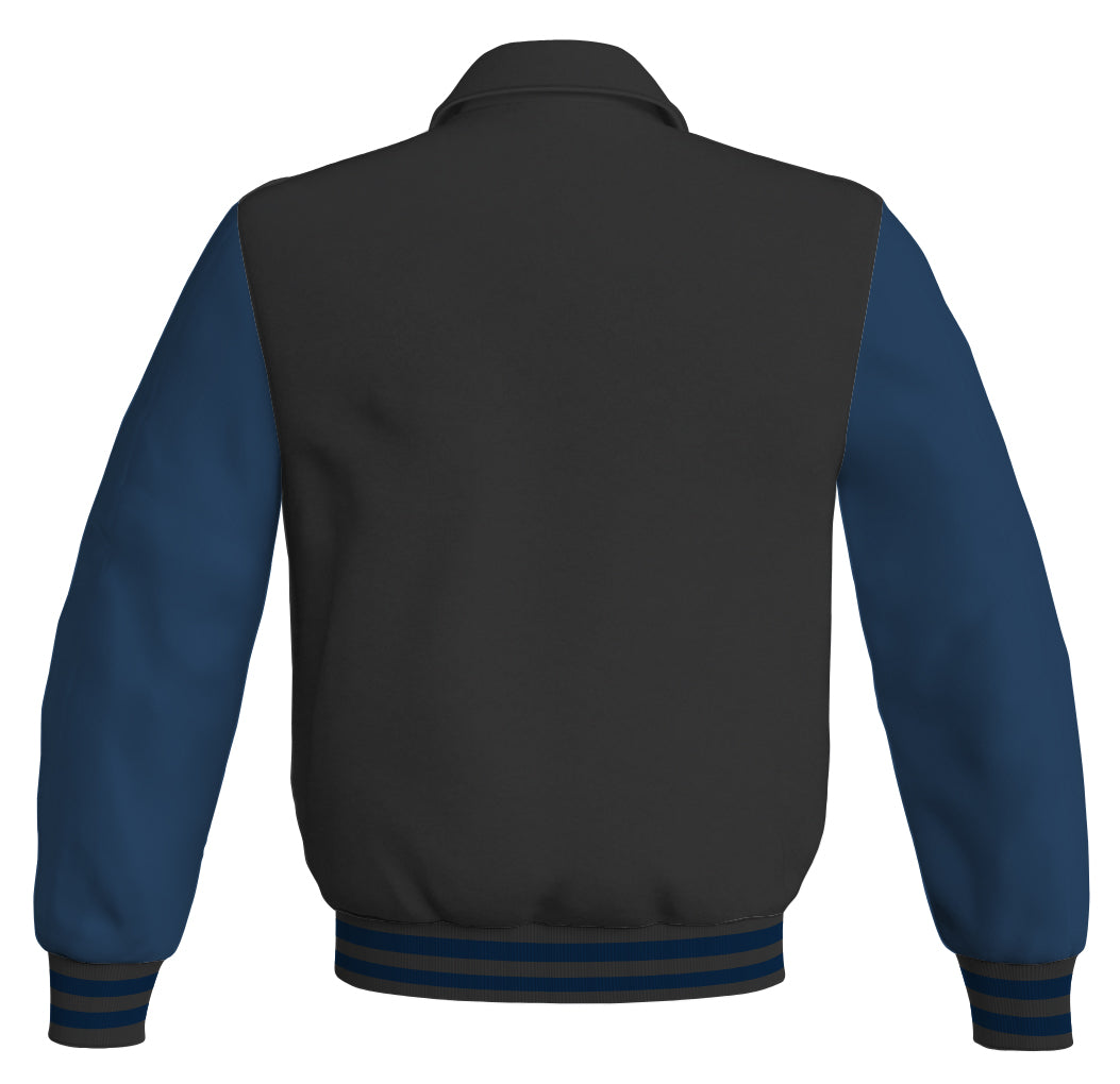 Luxury Bomber Classic Jacket Black Body and Navy Blue Leather 