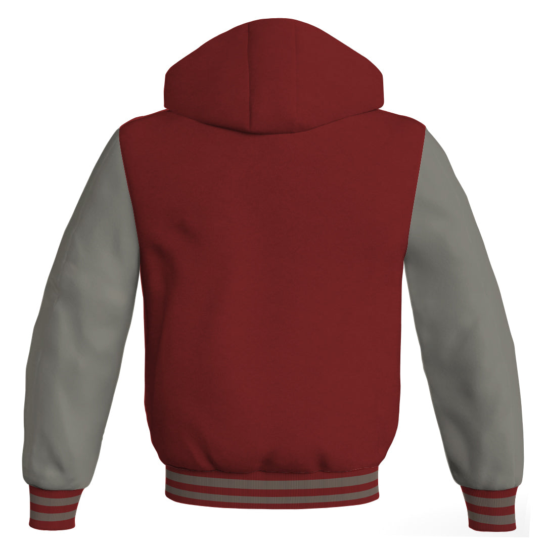 Letterman Bomber Hoodie Jacket Maroon Body Gray Leather 