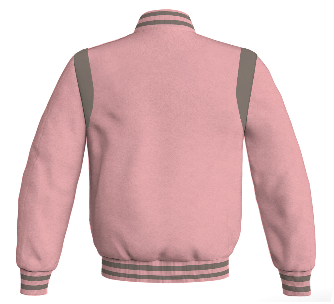 Letterman Baseball Bomber Retro Jacket: Pink body with gray leather inserts.